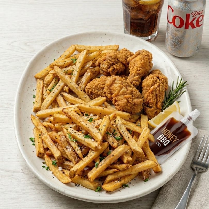 Crispy fried chicken and seasoned french fries with honey BBQ sauce, lemon, and a Diet Coke.