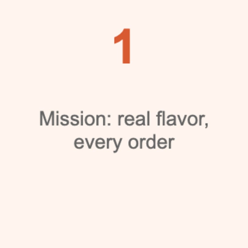 Number 1 and the text "Mission: real flavor, every order" on a light background.