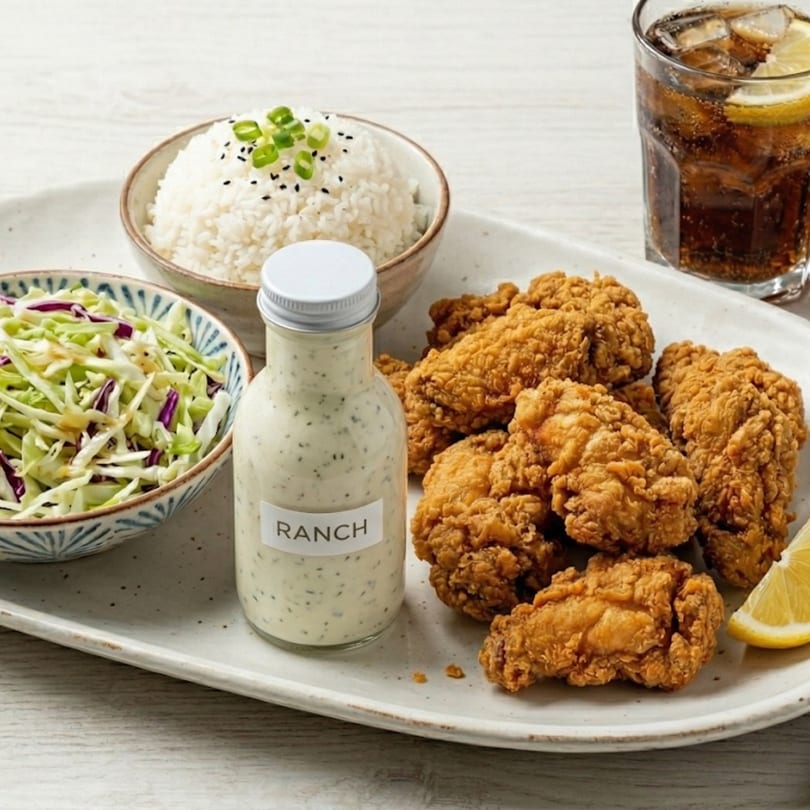 Fried chicken pieces, rice, coleslaw, ranch dressing, and a soda with lemon on a white tray.
