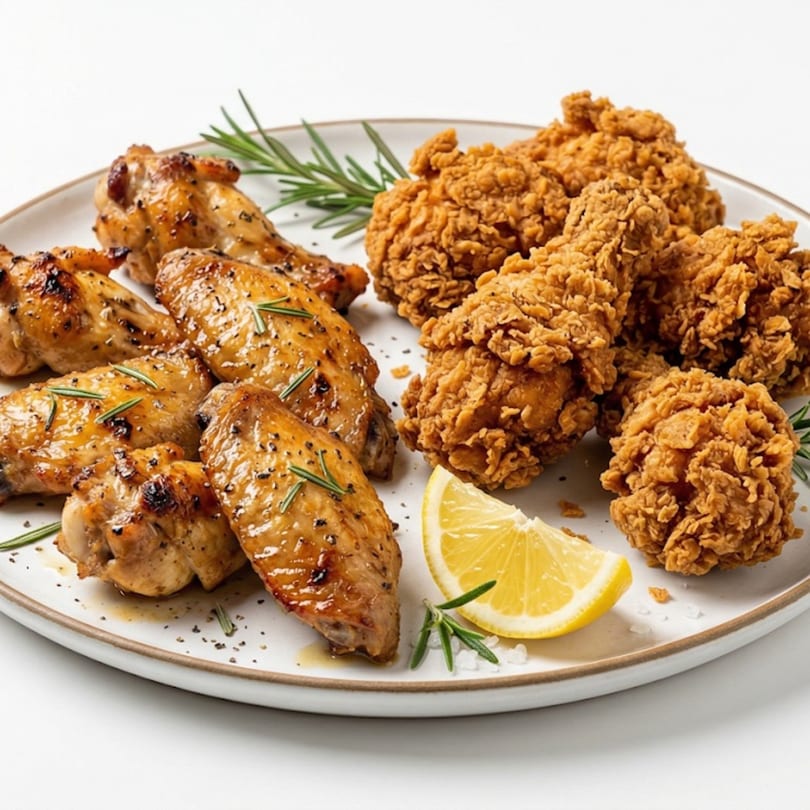 A plate with crispy fried chicken, glazed chicken wings, rosemary, and a lemon wedge.