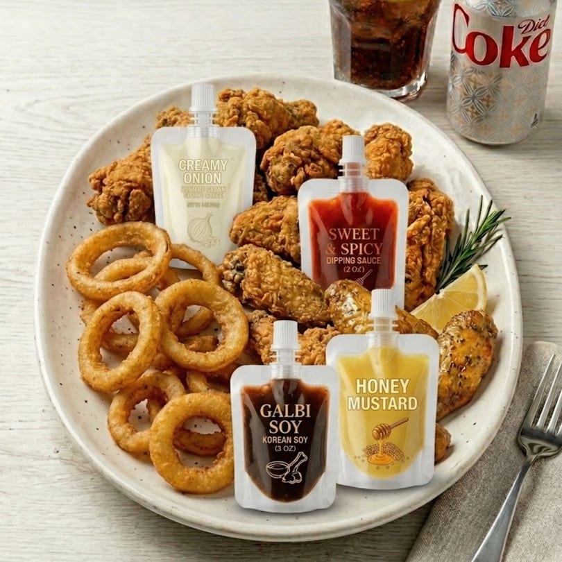 Crispy fried chicken and onion rings with four dipping sauces, a Diet Coke, and a glass of soda.