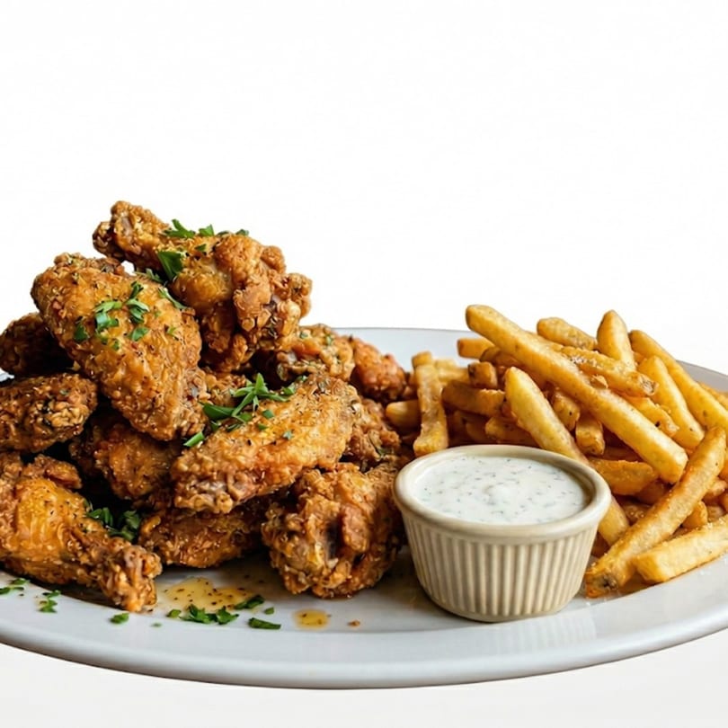 Crispy fried chicken wings with parsley, a side of golden french fries, and a cup of ranch.